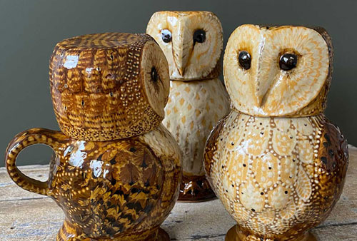 Carole Glover Slipware pottery Owl Jugs Tinsmiths